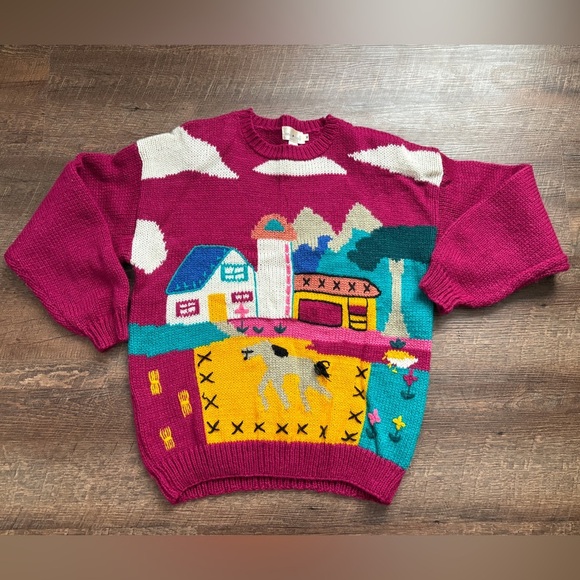 White Stag Sweaters - Vintage 80s WHITE STAG sweater knit farm scene folk art whimsical rare sz M EUC
